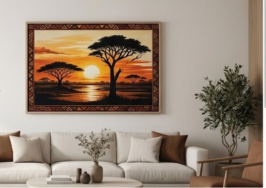 African-inspired art in a living room setting